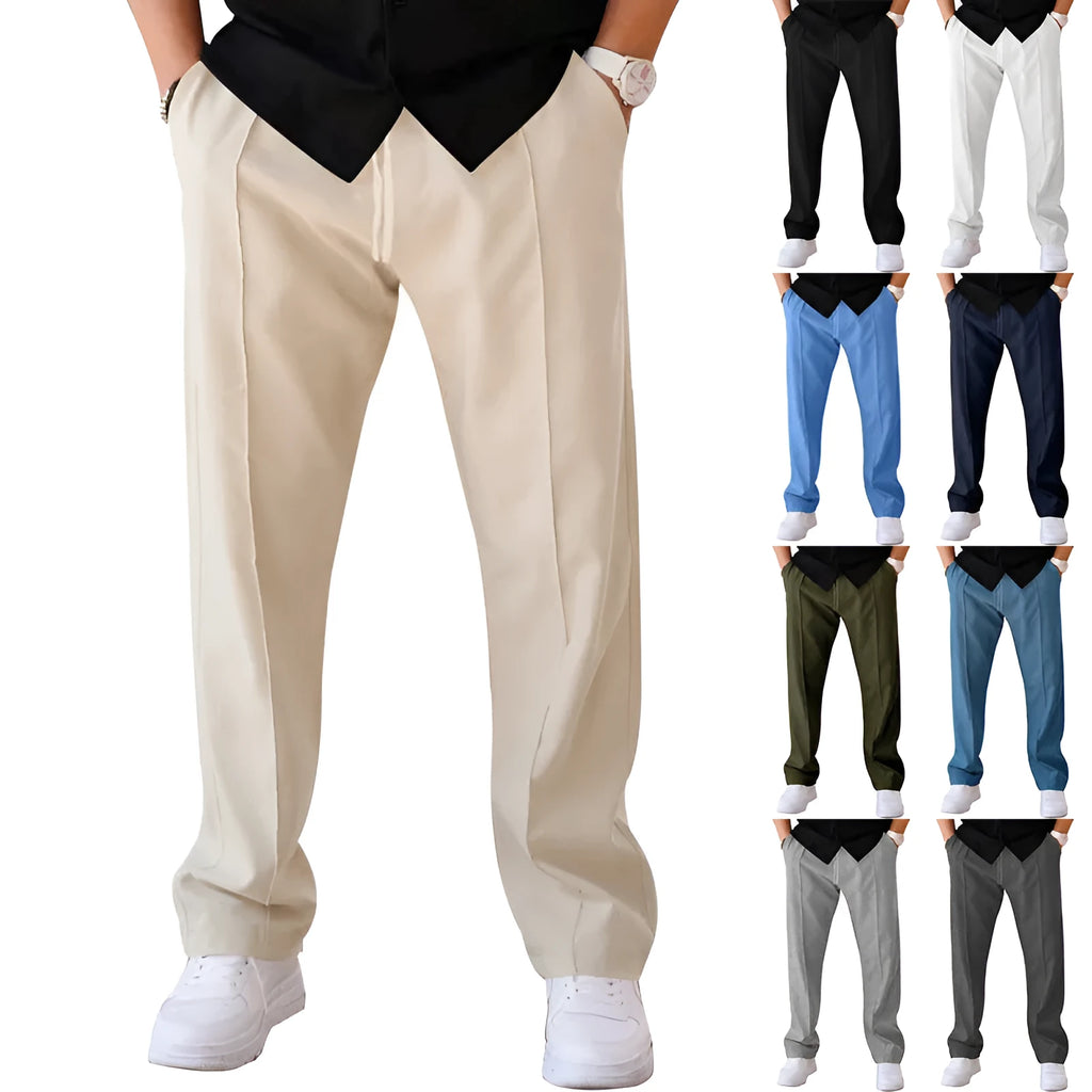 Men's loose straight drawstring trousers in waffle polyester fabric, shown in multiple colour options