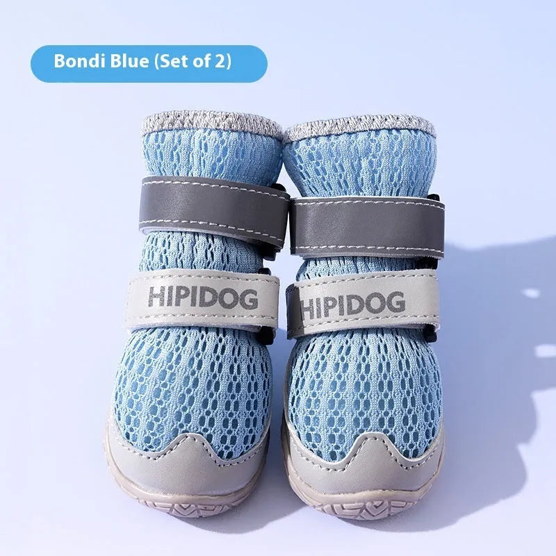 Cartoon style dog shoes in Bondi Blue or Dean Green colours for summer paw protection