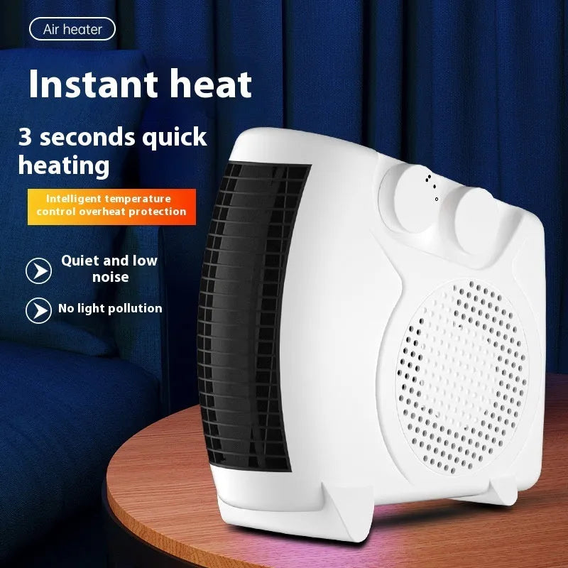 White vertical desktop electric heater with control dials, shown on a wooden desk.