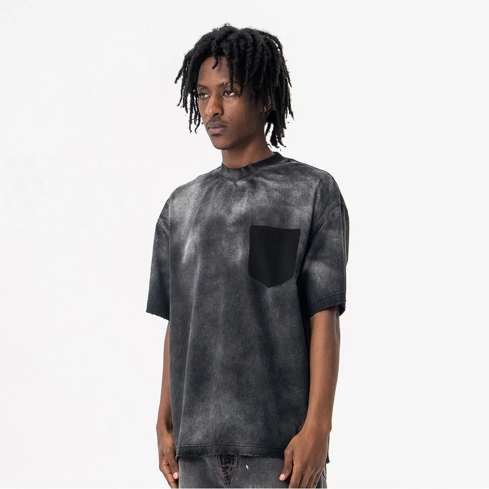 Black men's loose fit cotton t-shirt with printed letter pattern and drop-shoulder sleeves