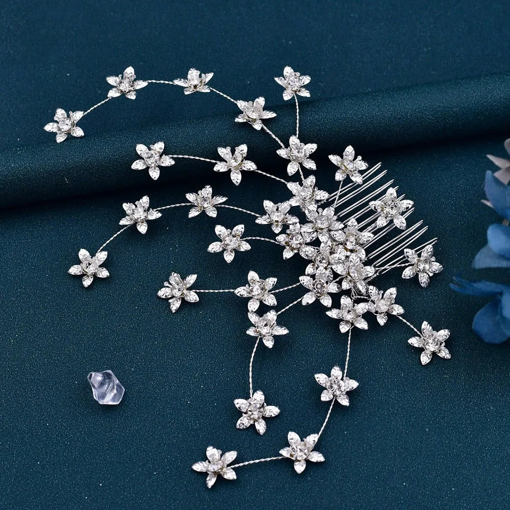 Silver tone handmade crystal rhinestone bridal hair comb ornament for wedding hairstyles
