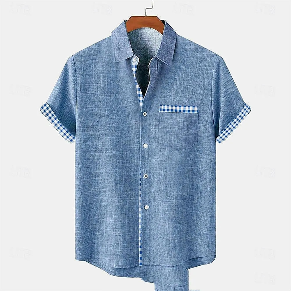 Loose fit linen short sleeve casual shirt showcasing an ocean fish pattern detail on the lapel.