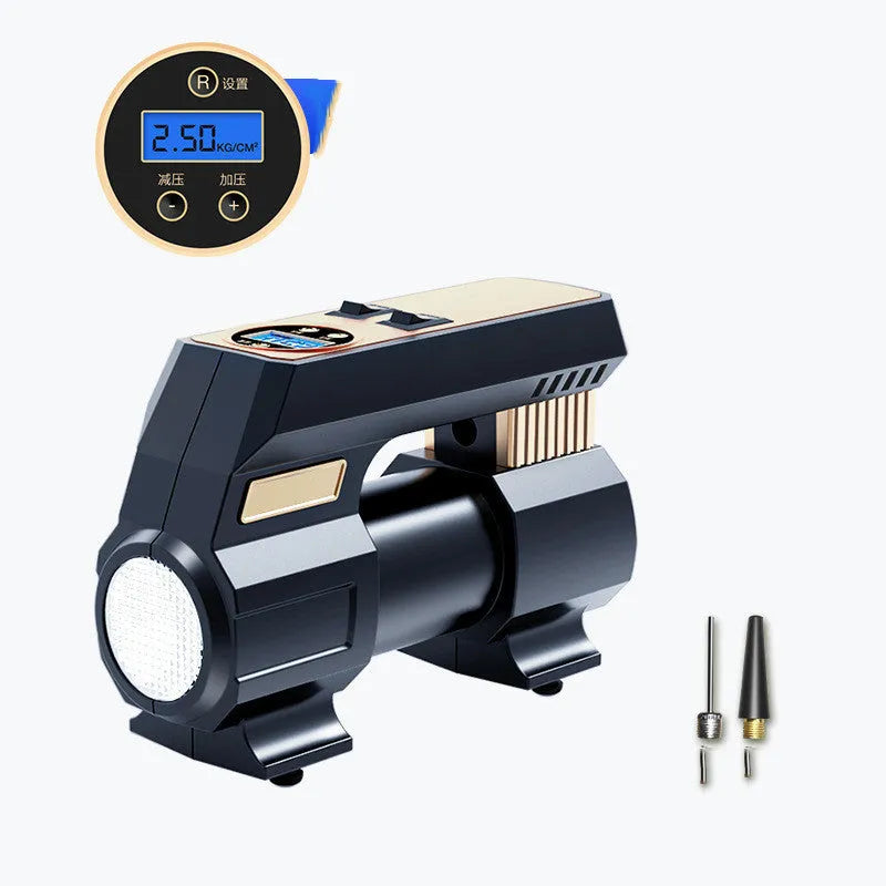 120W 12V car air pump with digital display, 60cm tube, and 300cm power cord on a dark background