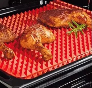 Red silicone pyramid grid cooking mat for oven and BBQ use