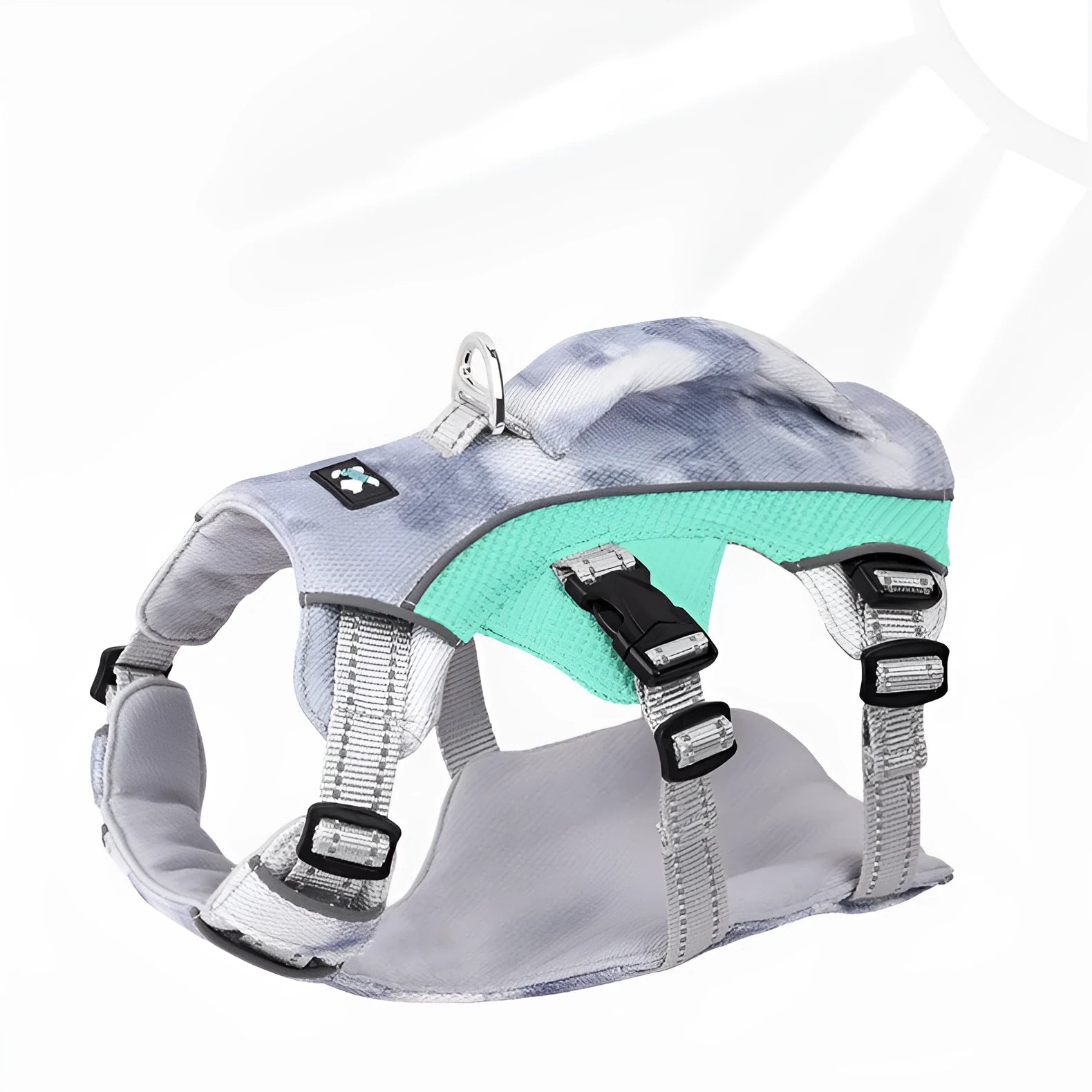 Reflective pet cooling clothes chest strap in light blue, pink, dark blue, and orange colour options
