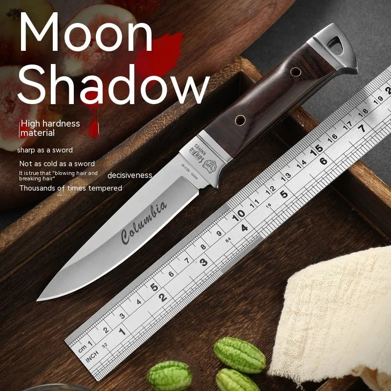 Camping portable fruit knife with stainless steel blade in leather case