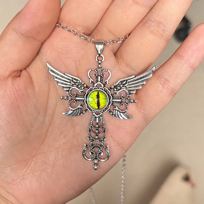 Alloy devil wings cross necklace pendant with geometric design in multiple colour options