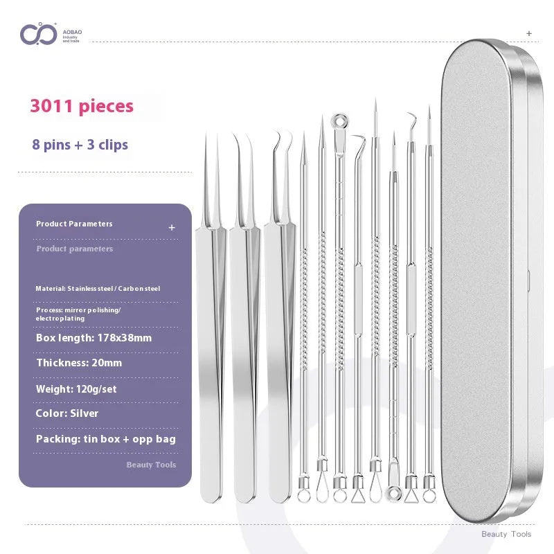 Four silver metal acne needles with fine pointed tips laid out on a flat surface.