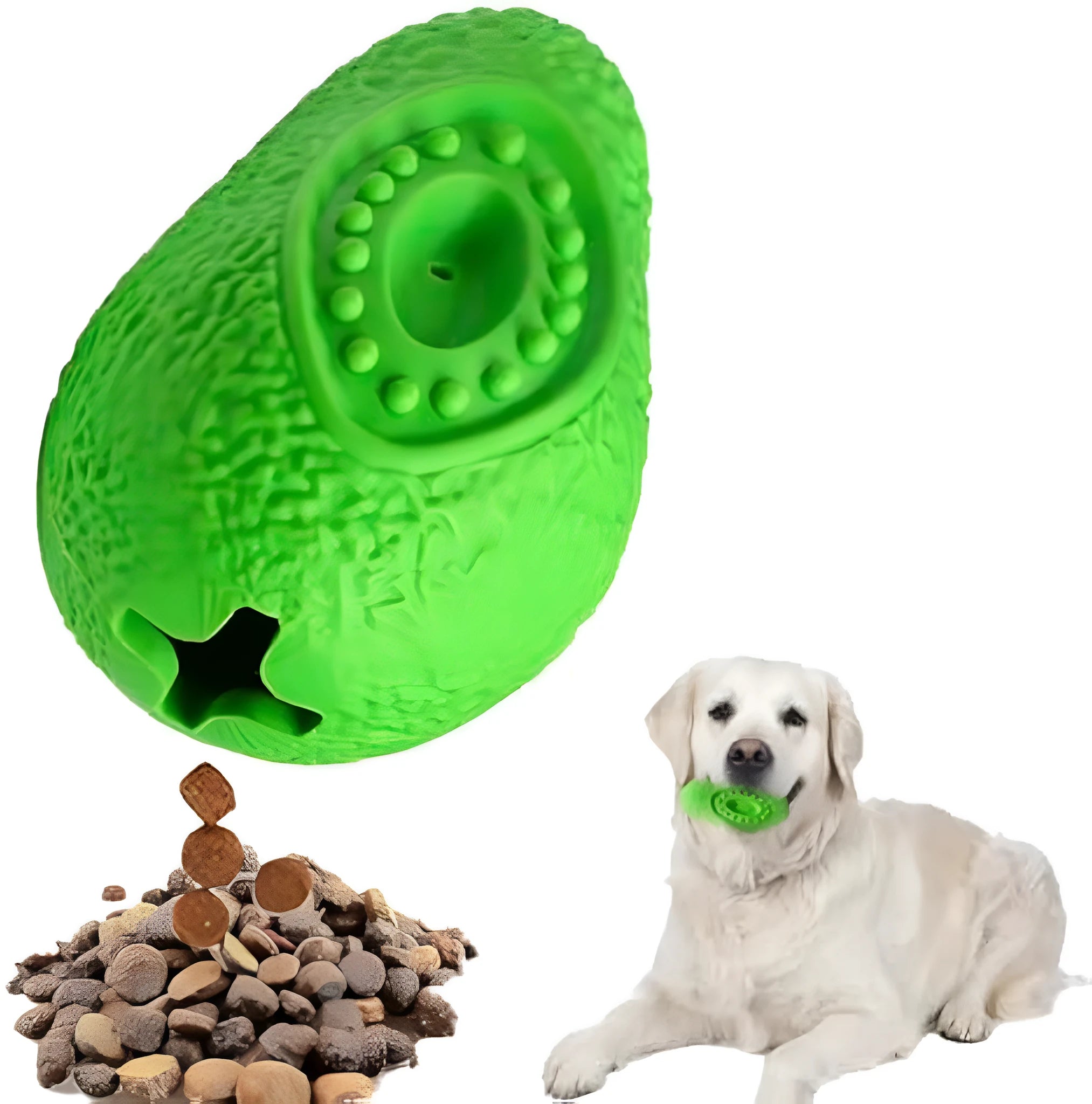 Green avocado-shaped natural rubber dog chew toy for aggressive chewers with textured surface