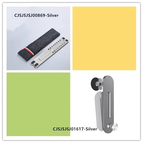 Portable aluminum laptop stand folded and unfolded, showing adjustable height and silver colour