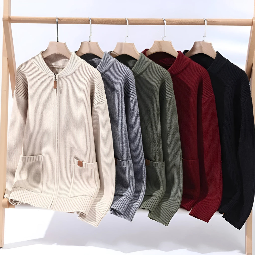 Men's striped cardigan jacket in polyvinyl alcohol fiber blend available in five colours with straight cut silhouette