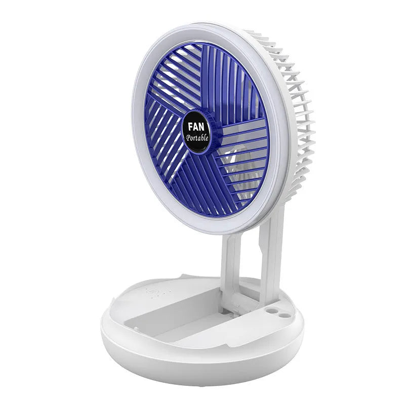 Blue or grey USB charging foldable desk fan with LED light showing wall mounting and desk use