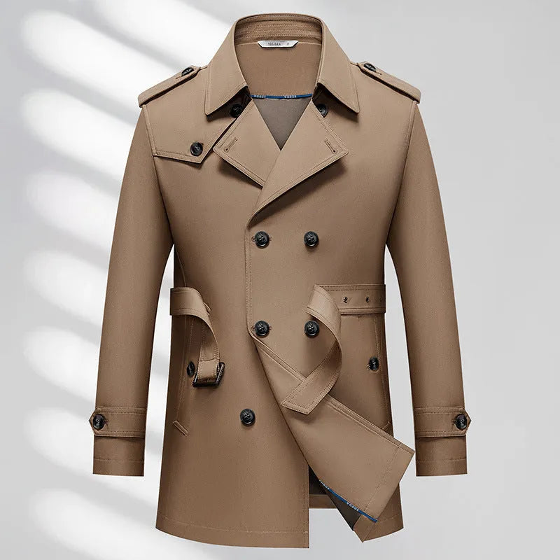 Men's business trench coat in khaki solid colour with non-ironing polyester fabric, front view