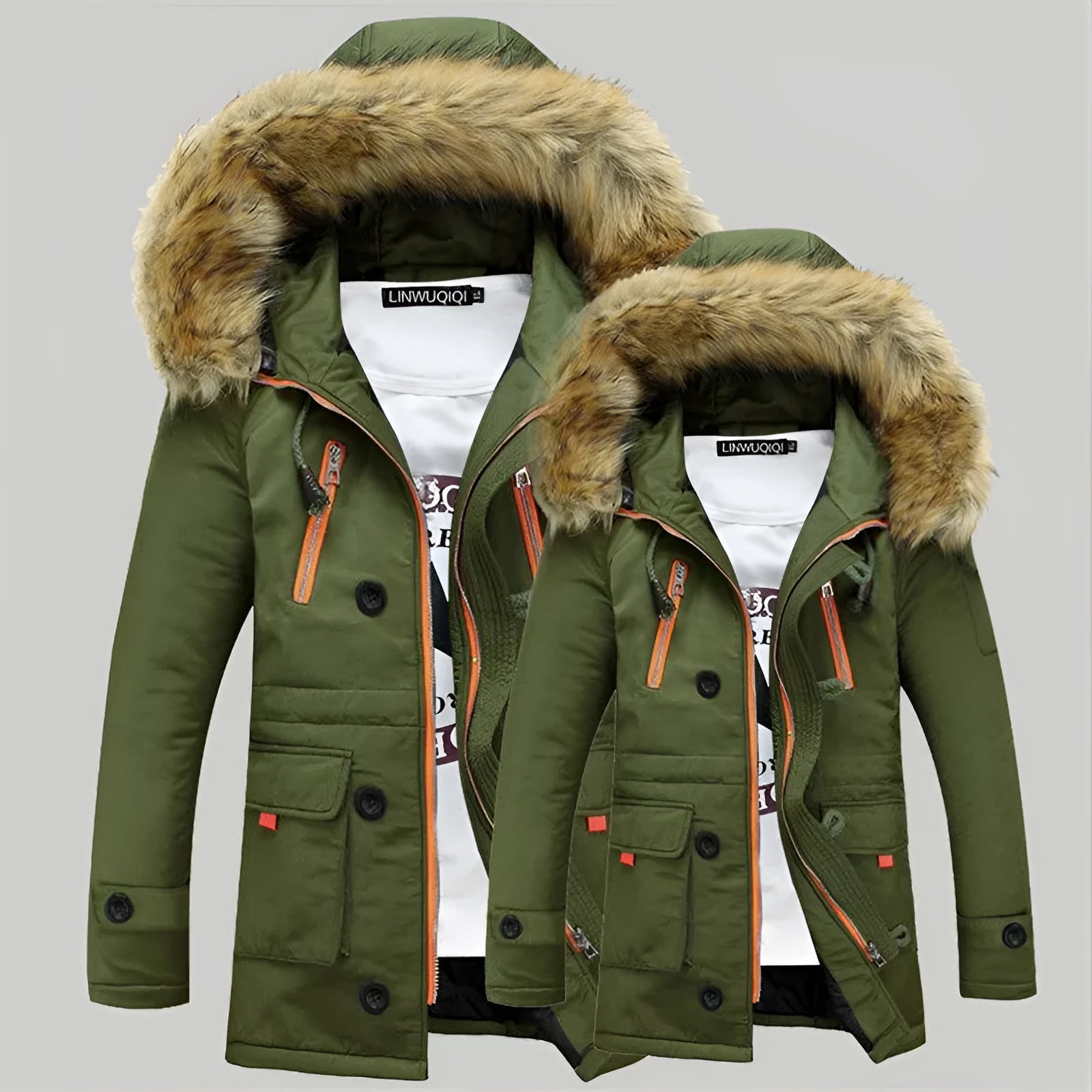 Men's cotton winter jacket with fur collar and hood in army green