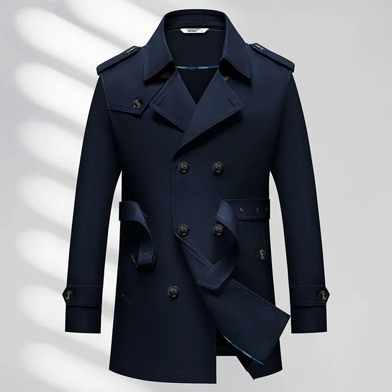 Men's business trench coat in khaki solid colour with non-ironing polyester fabric, front view