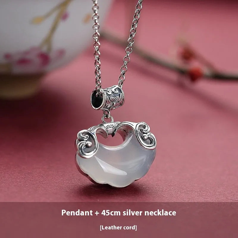 Jade Top Koi sterling silver pendant necklace with natural chalcedony and longevity lock collar in white chalcedony 45cm option