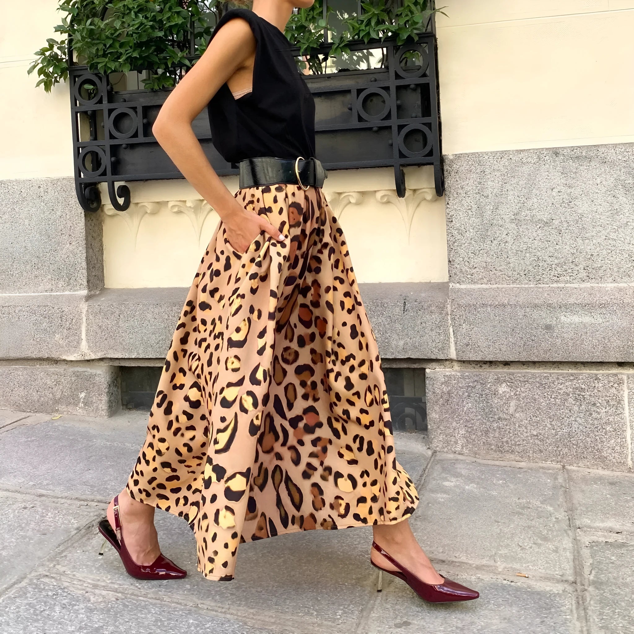 Brown leopard print women's A-line long skirt with big hem