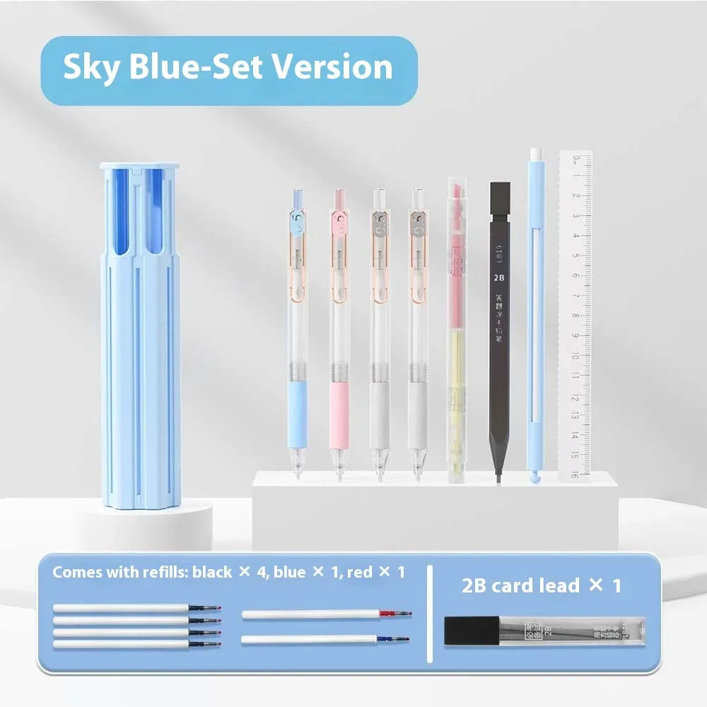 Pressing pen kit with plastic pencil case in blue, white, or pink containing six or sixteen pens