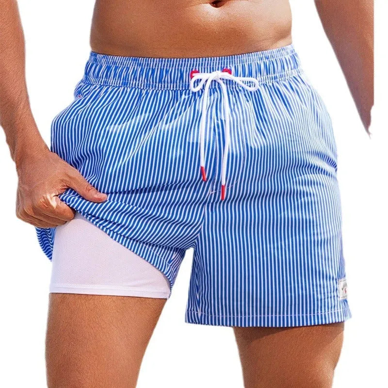 Men's loose fit quick-drying swimming trunks in various floral patterns and solid colours