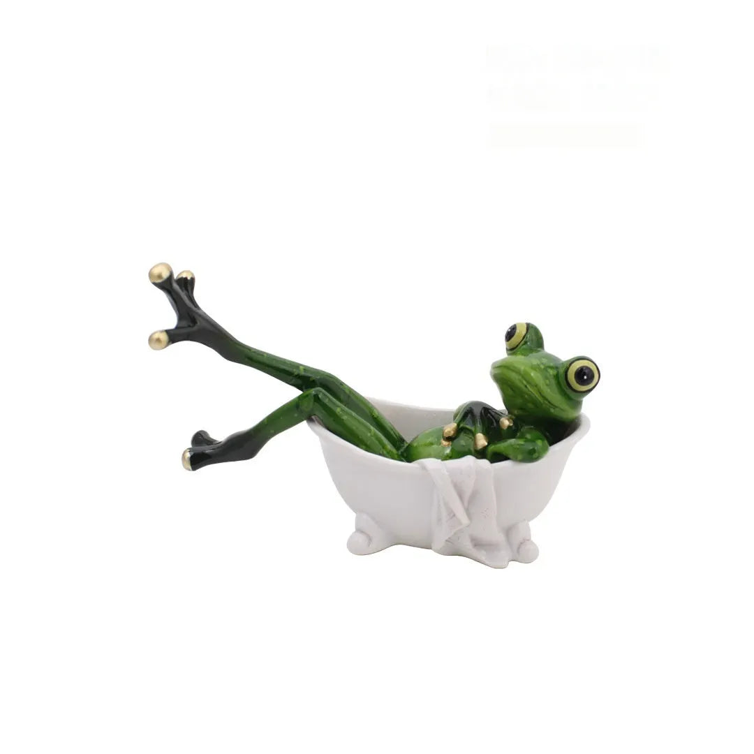 Pastoral style synthetic resin frog sculpture decoration for home interiors.