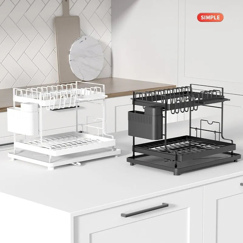White double-layer kitchen storage rack with removable draining feature on countertop