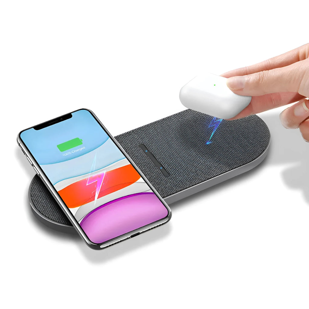 Black 10W wireless charging stand pair with Quick Charge technology and Type-C/USB interfaces