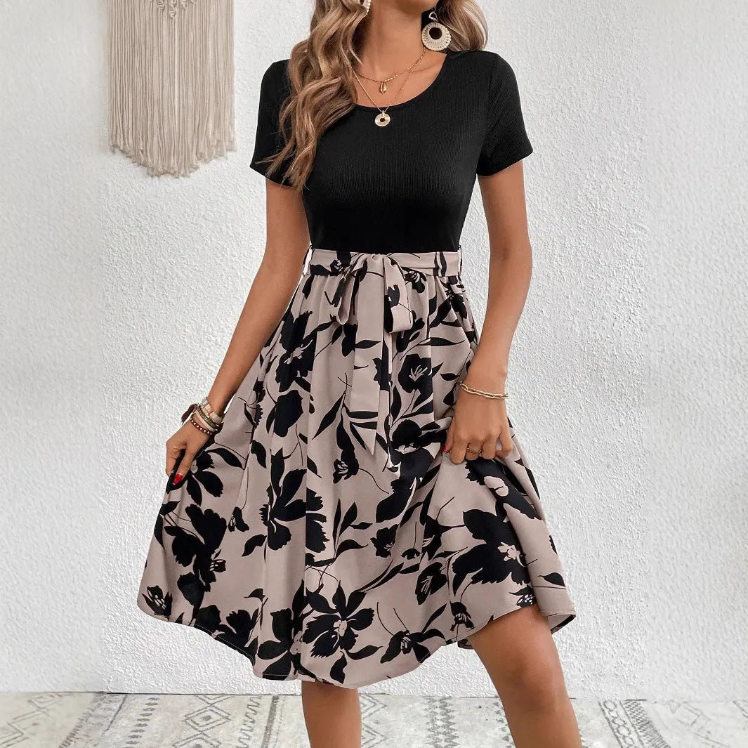 Women's khaki floral print A-line dress with shoulder strap and regular sleeves