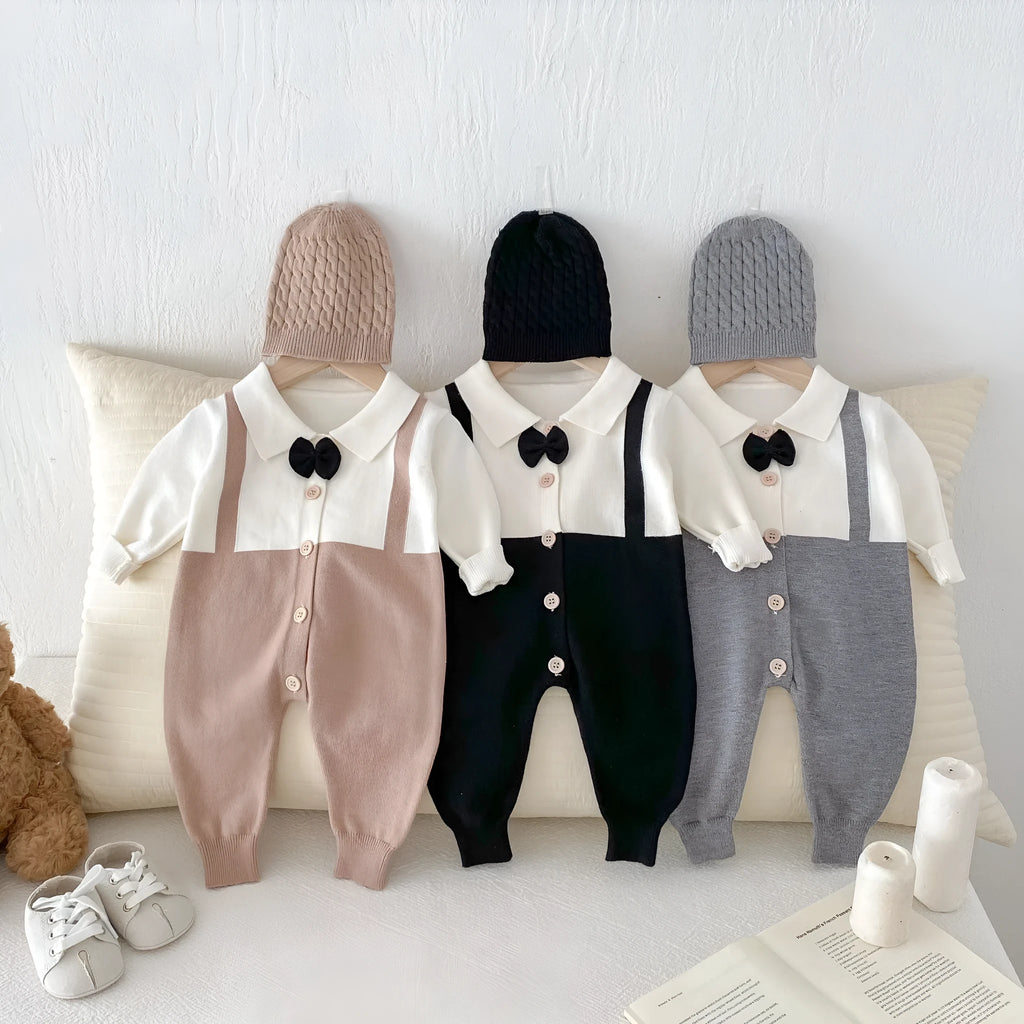 Infant lapel gentleman tie false two-piece suit in grey, brown, black, core-spun yarn fabric, long sleeve unisex baby romper for 66-90cm height