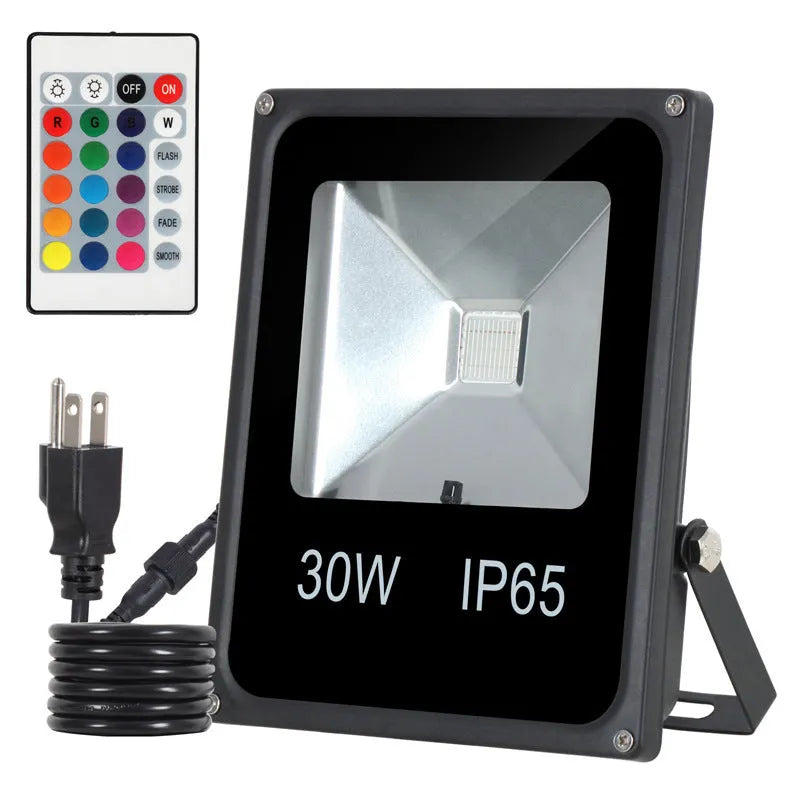 Black aluminium LED flood light with RGB colour changing capability for outdoor advertising and building lighting