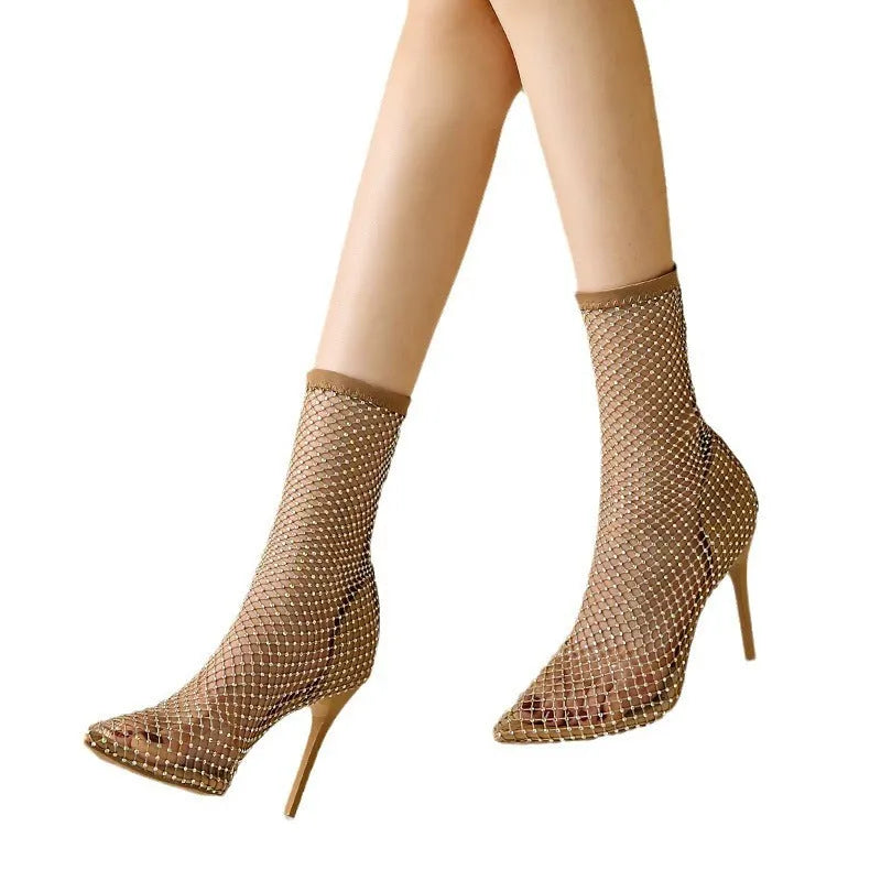 Gold mesh pointed toe stiletto high heel sandals with oversleeves design.