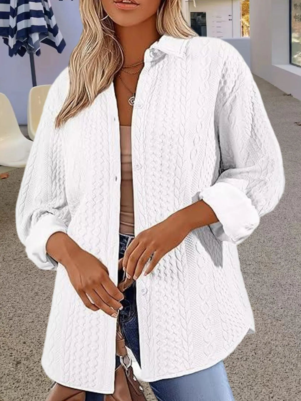 Women's solid colour long sleeve cardigan with contrast trim in black, white, or khaki