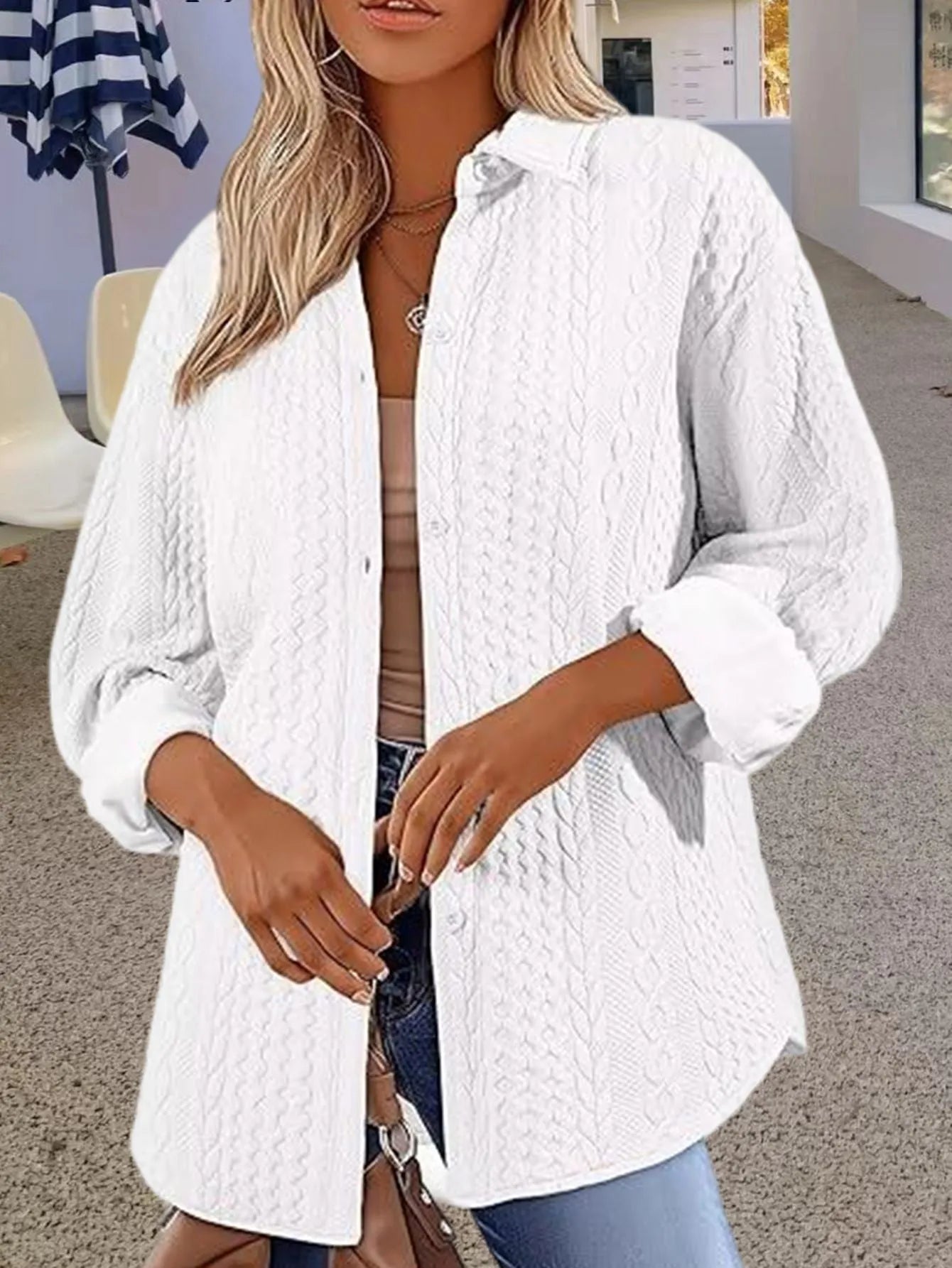 Women's solid colour long sleeve cardigan with contrast trim in black, white, or khaki