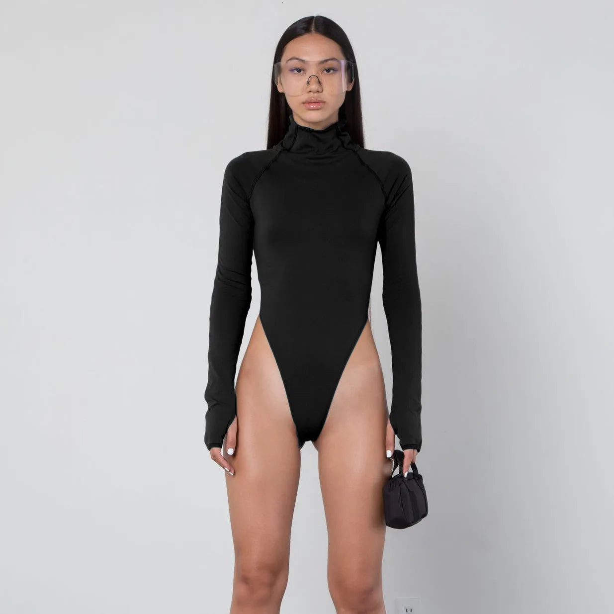 Long sleeve bodysuit in black, 83% polyester stretch fabric, size S M L, women's base layer top