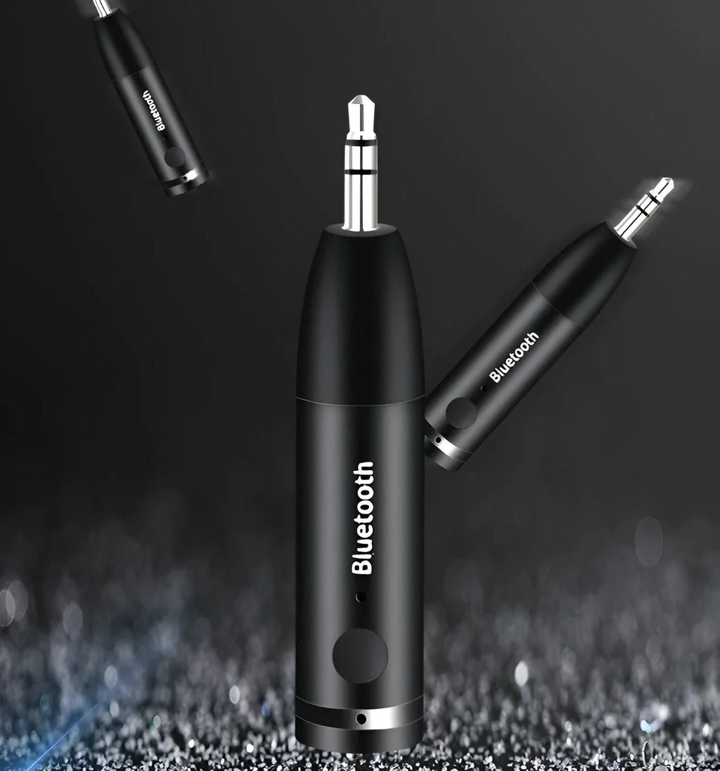 Black AUX Bluetooth 5.0 audio receiver for car stereo with USB charging cable