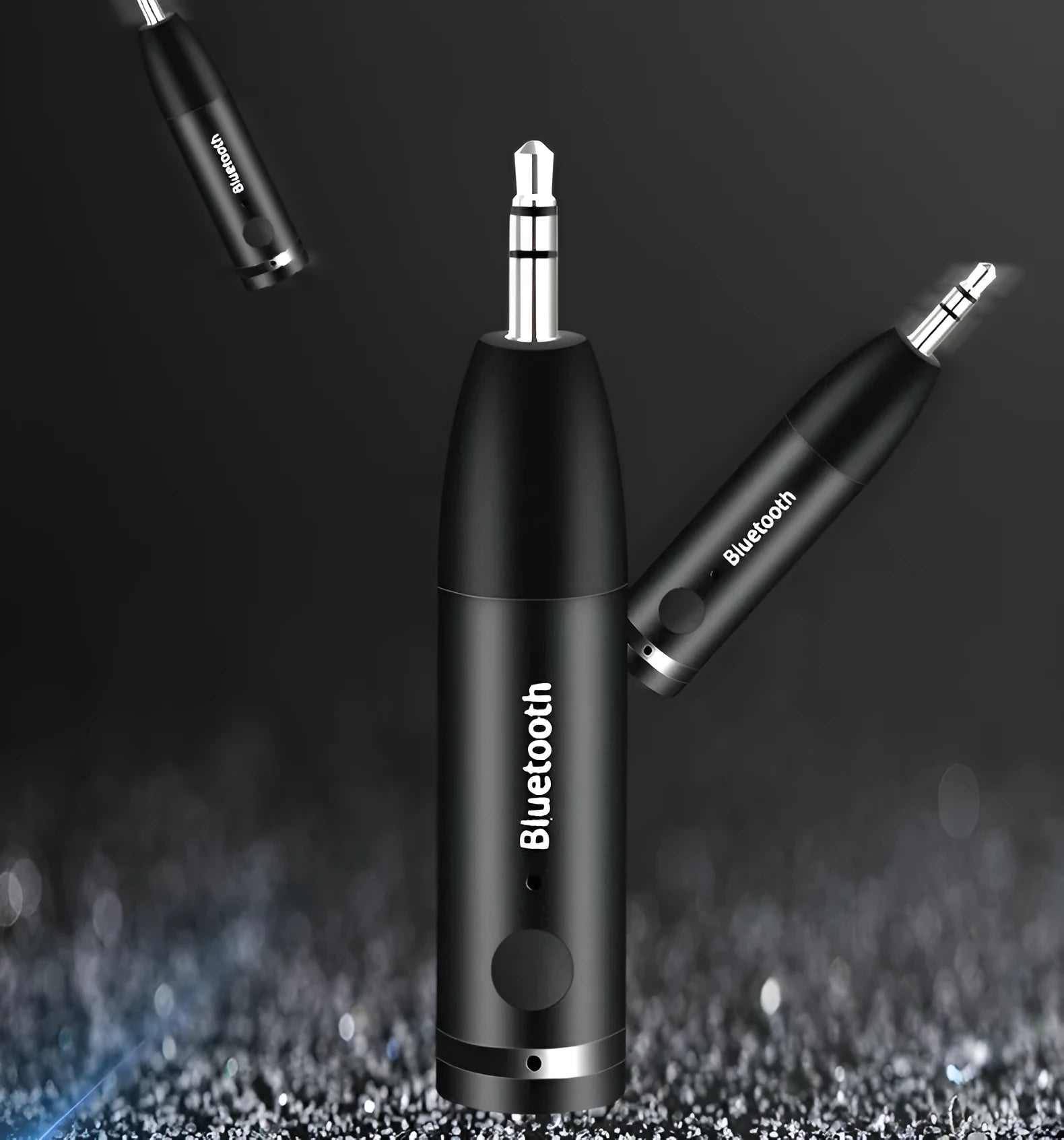 Black AUX Bluetooth 5.0 audio receiver for car stereo with USB charging cable