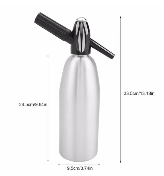 Silver portable 1L aluminium soda maker with pressure regulator and safe cover on table
