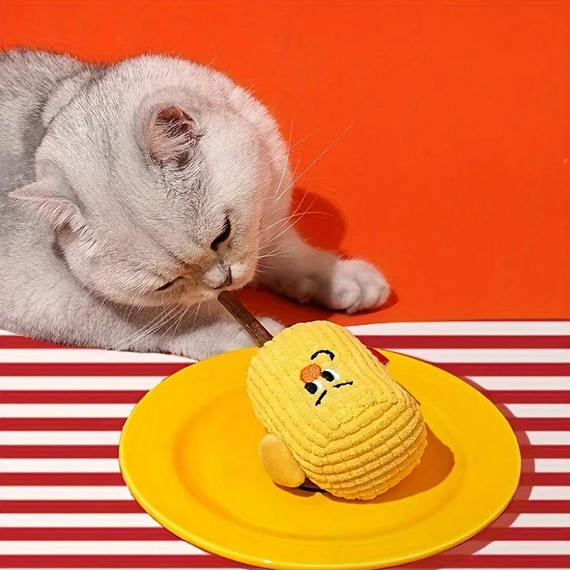 Corn cob shaped cat chew toy made from polytree wood for dental cleaning.