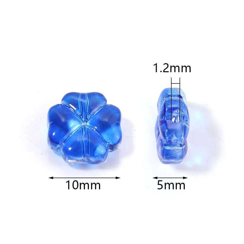 50 glass four-leaf clover beads in assorted colours with coloured glaze finish and 10mm straight hole design.
