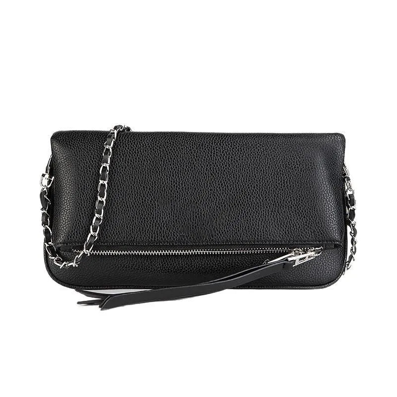 Women's black chain folding clutch shoulder messenger bag with shell shape design and sandwich zipper compartment