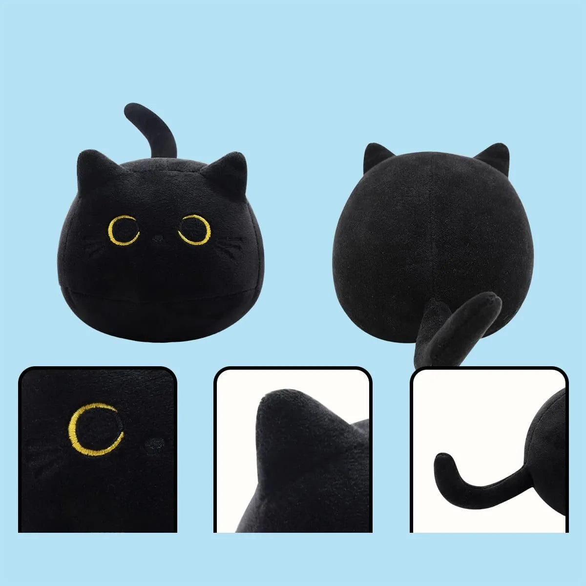 Black cat plush toy stuffed animal sitting as a soft pillow cushion on a sofa.