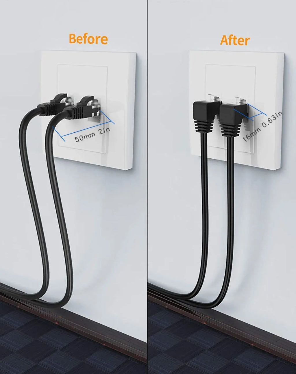 Cat6 Ethernet cable with right-angled metal RJ45 connectors in various colours including black, white, orange, and yellow.