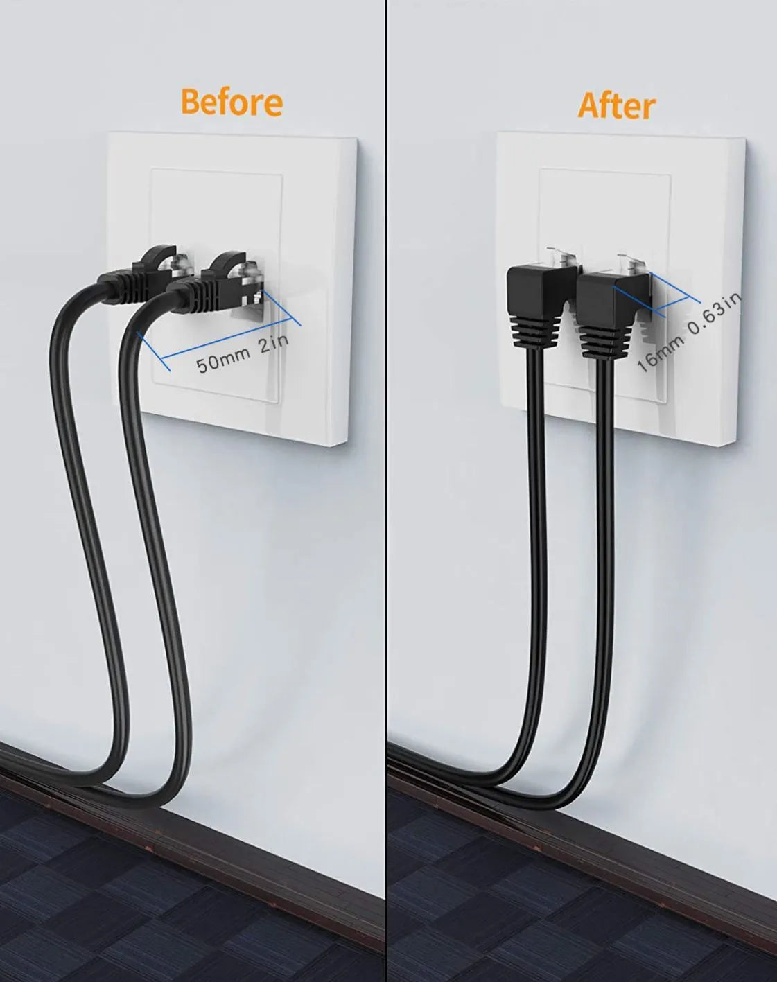 Cat6 Ethernet cable with right-angled metal RJ45 connectors in various colours including black, white, orange, and yellow.