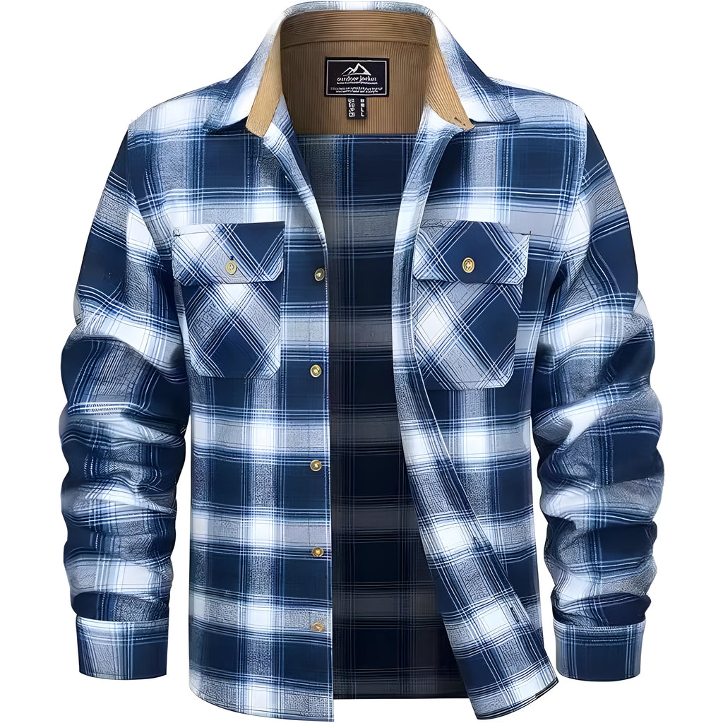 Men's flannel button shirt showing plaid pattern in multiple colour options with button-front design
