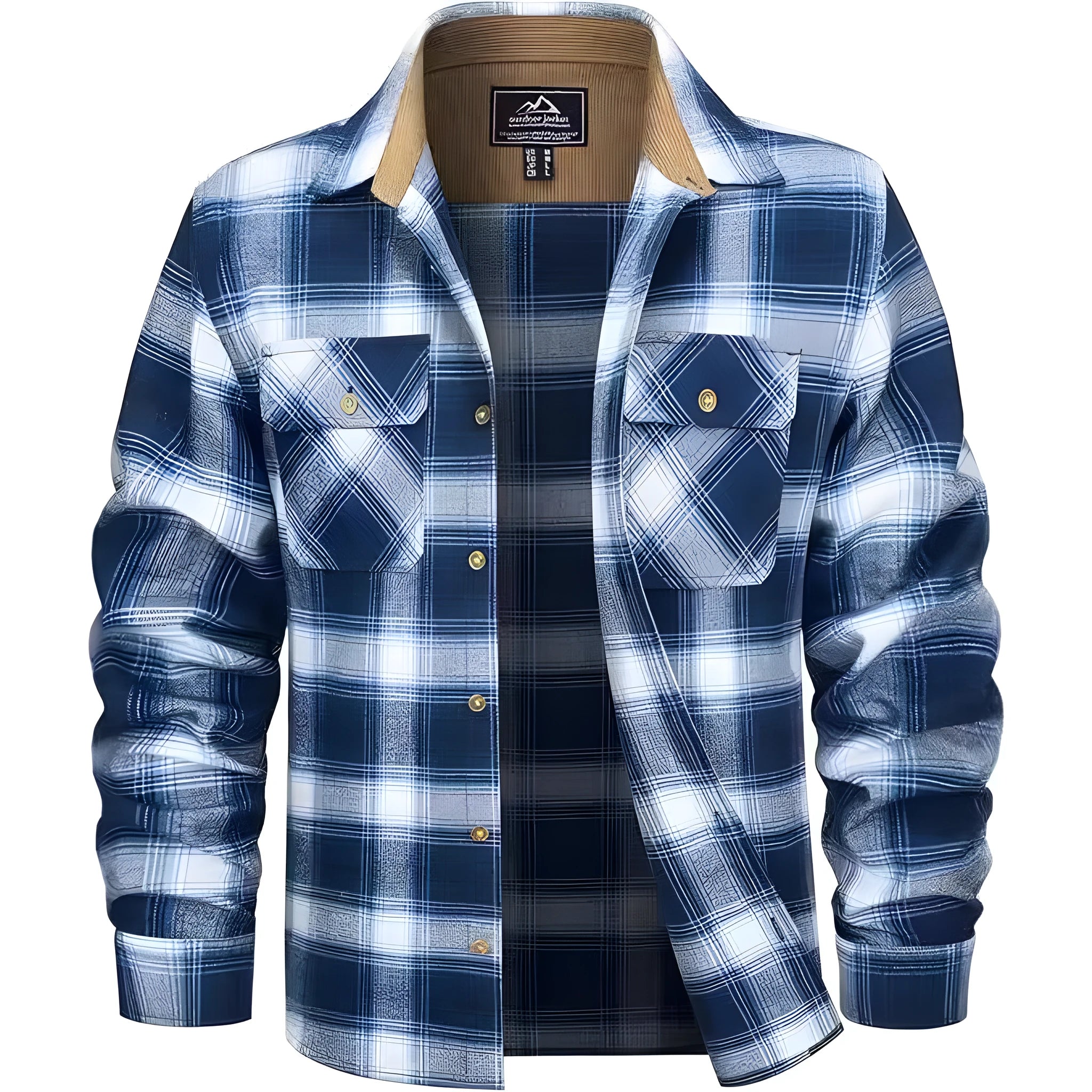 Men's flannel button shirt showing plaid pattern in multiple colour options with button-front design