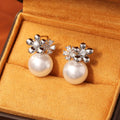 Flower inlaid zirconium pearl stud earrings real gold plated copper, gold and silver colour options