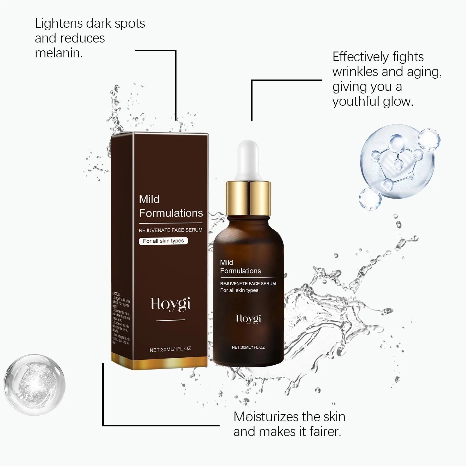 30ml square bottle of facial skin care essence with hyaluronic acid and collagen