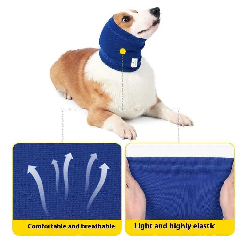 Blue polyester dog headband scarf shown on a model dog, with grey colour option and S/M/L size labels visible.
