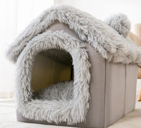 Foldable dog house pet cat bed in cave style with self-warming plush fur and non-slip bottom, available in multiple colours and sizes
