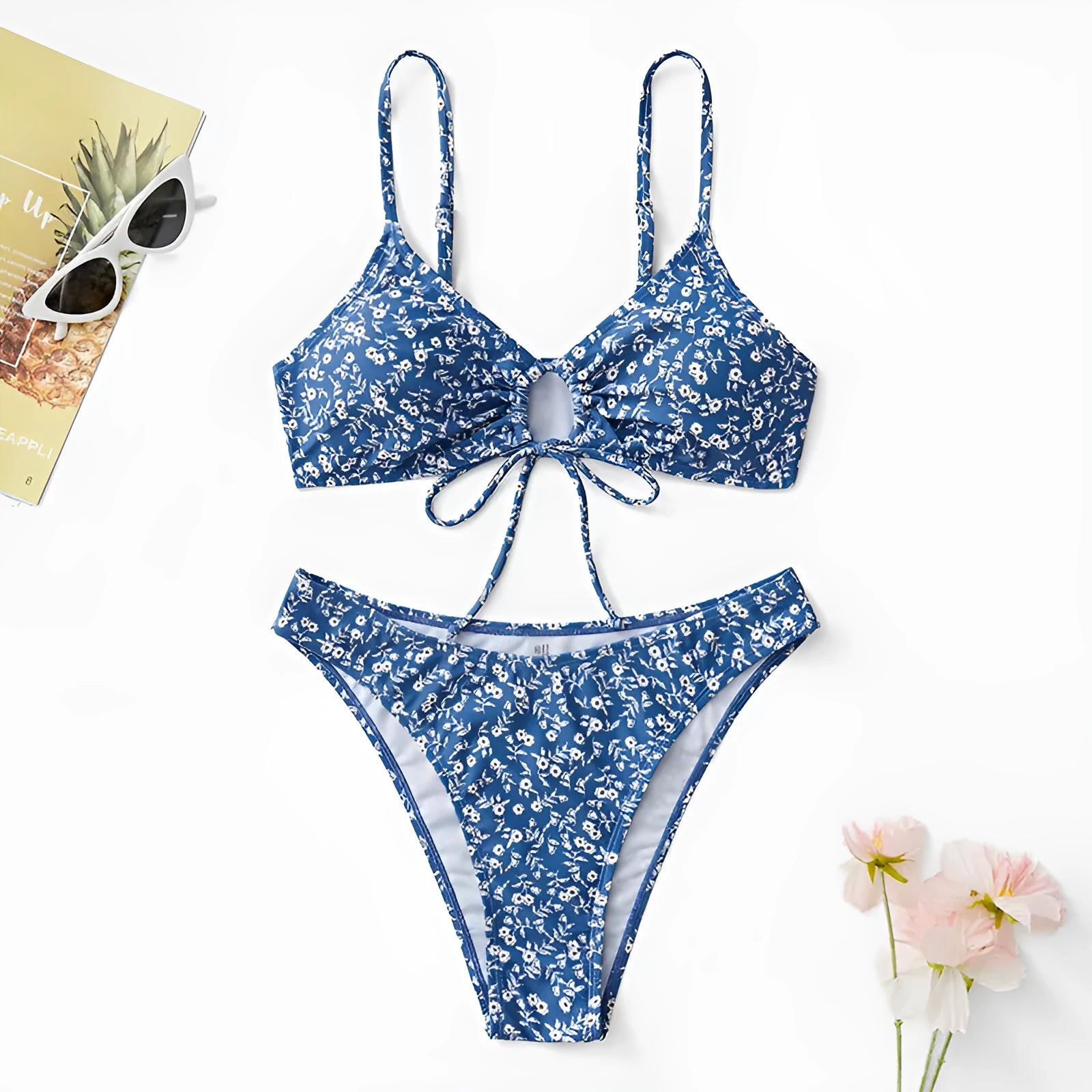 Blue three-piece swimsuit set without steel rings showing separate top and shorts pieces