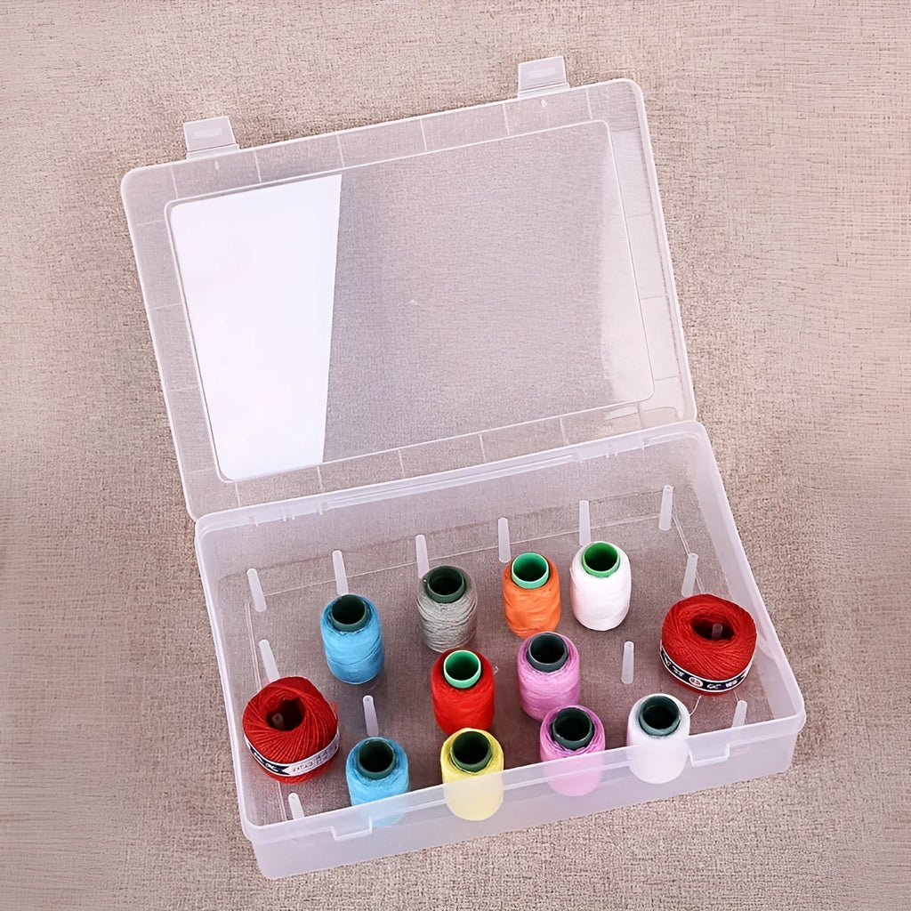 Transparent plastic embroidery thread storage box with 42 individual compartments.
